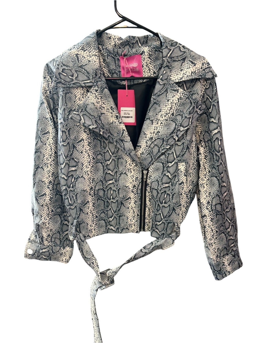 Snake-Print Cropped Leather Jacket in Gray